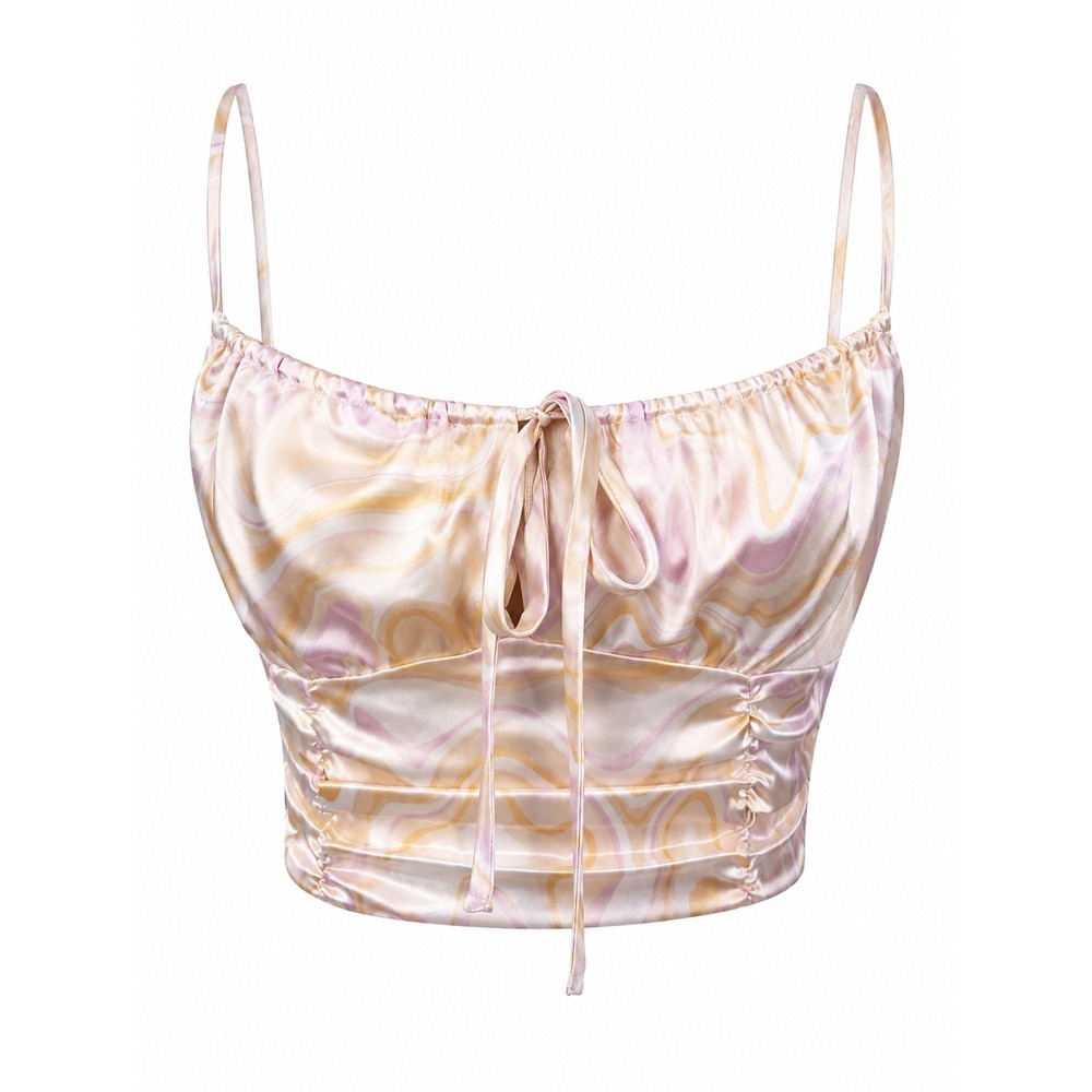 NWT Elodie Satin Marble Print Crop Top Pink Ruched Tie Front Cami Size Small
